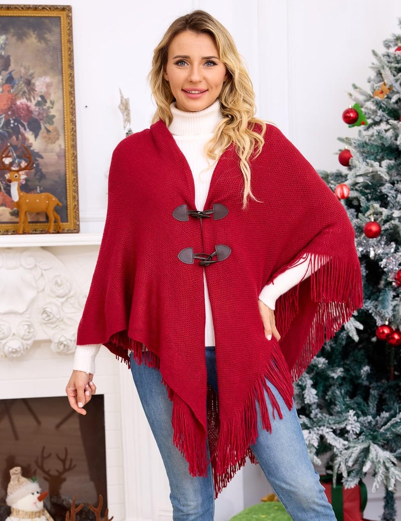 Ferand Shawl Wraps for Women â€“ Toggle Closure, Elegant Fringe Shawl for Travel, Work, or Casual Outfits, Perfect for Fall Layering, Red - Image 2
